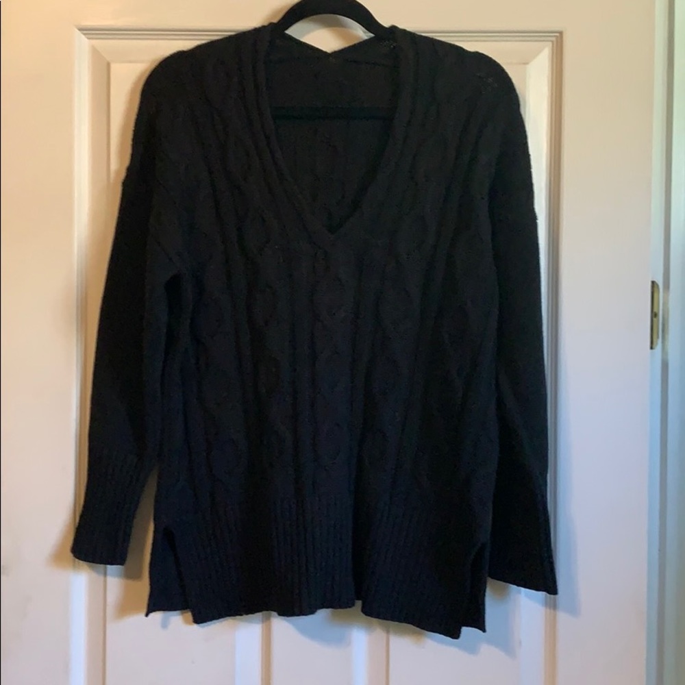 Black V Neck Cable Knit Sweater